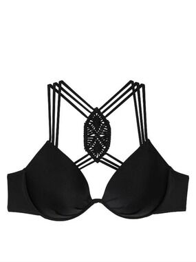 Victoria’s Secret Macrame Halter Push-Up Bikini Top 34C Black NWT